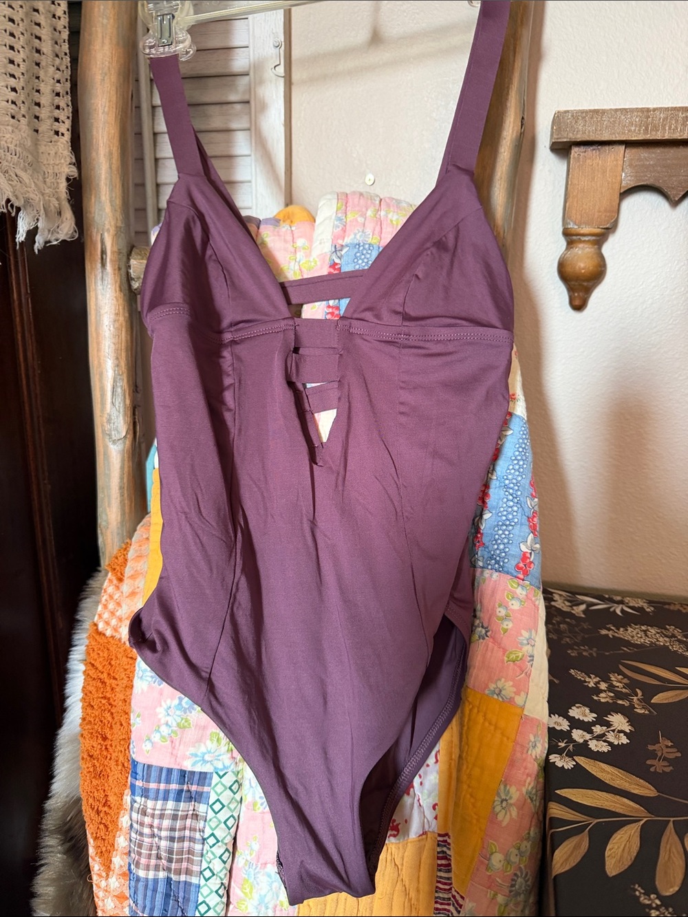 Women's One-Piece Swimsuit — Plum V-Neck with Strappy Back